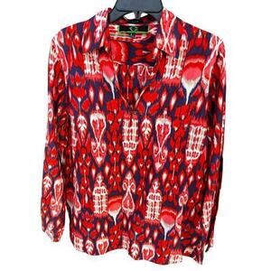 C WONDER red blue watercolor Y neck silk cotton blouse lightweight NWOT sz L